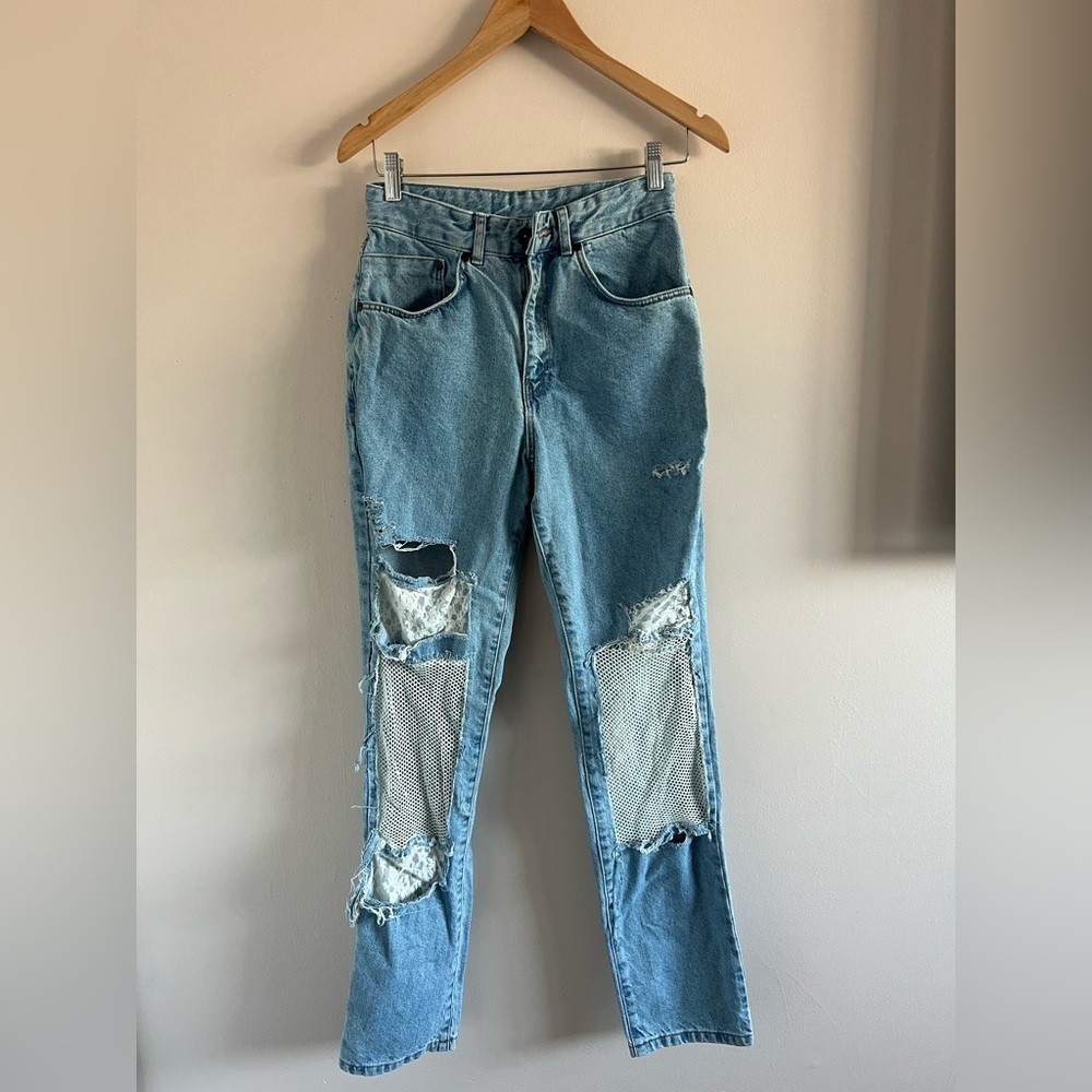 RARE The Ragged Priest Fishnet Ripped Jeans Size 28 Distressed Denim
